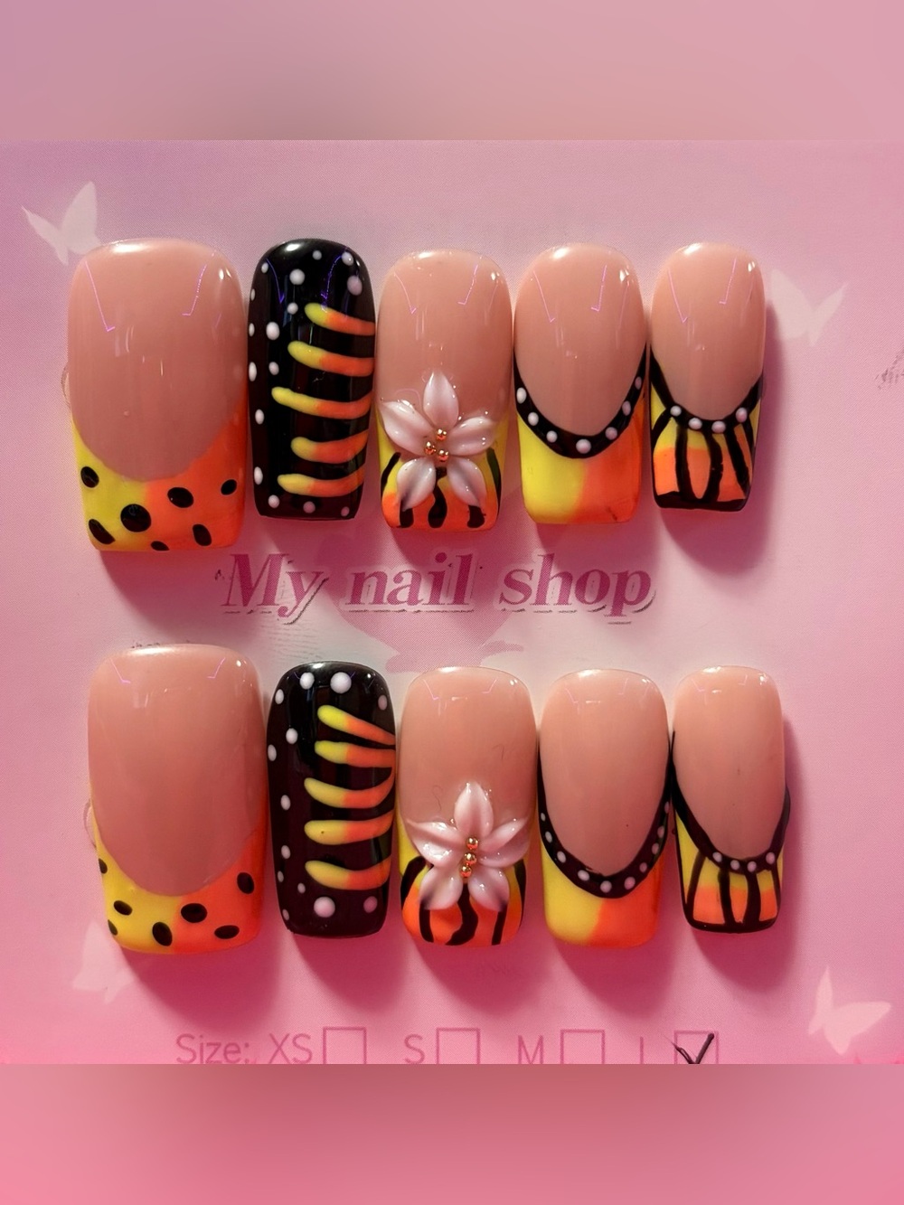 Handmade Neon Floral & Zebra Nail Set - Yellow, Orange, Black